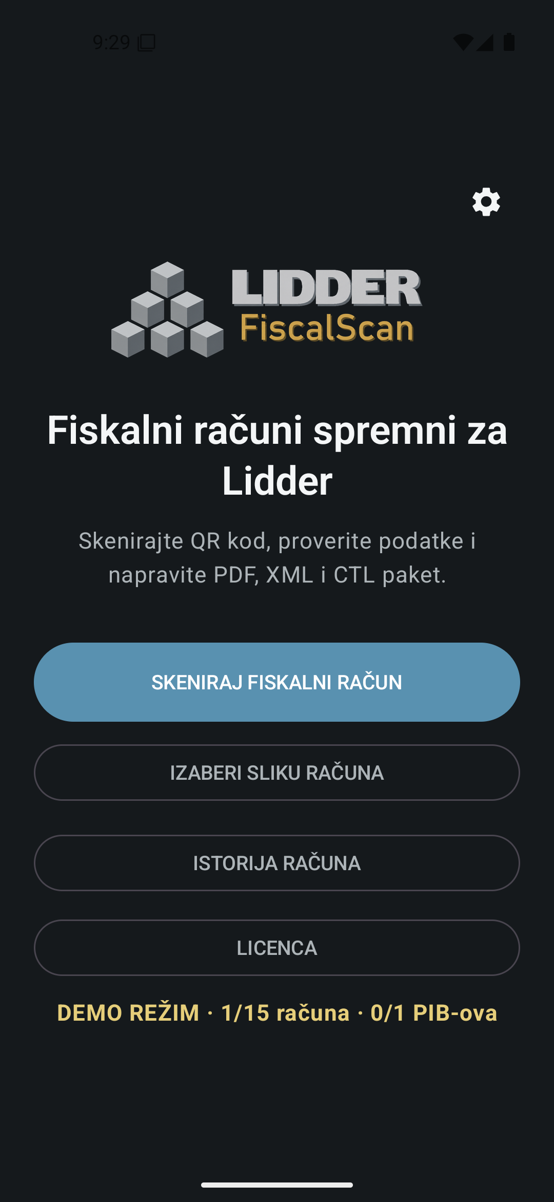 Aktuelni Android početni ekran aplikacije LIDDER FiscalScan