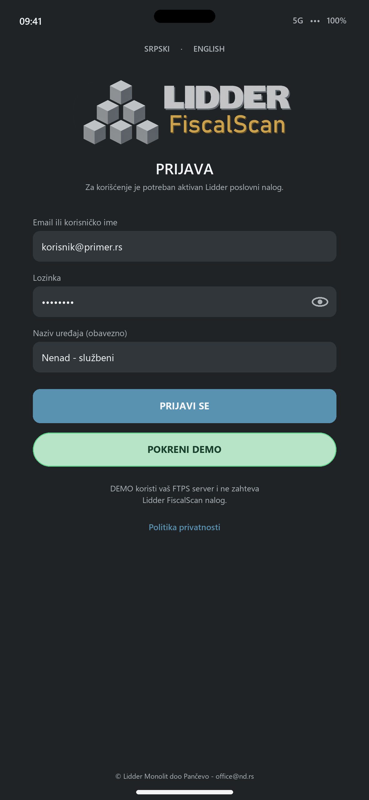 Prijava i DEMO režim u aplikaciji LIDDER FiscalScan za iOS