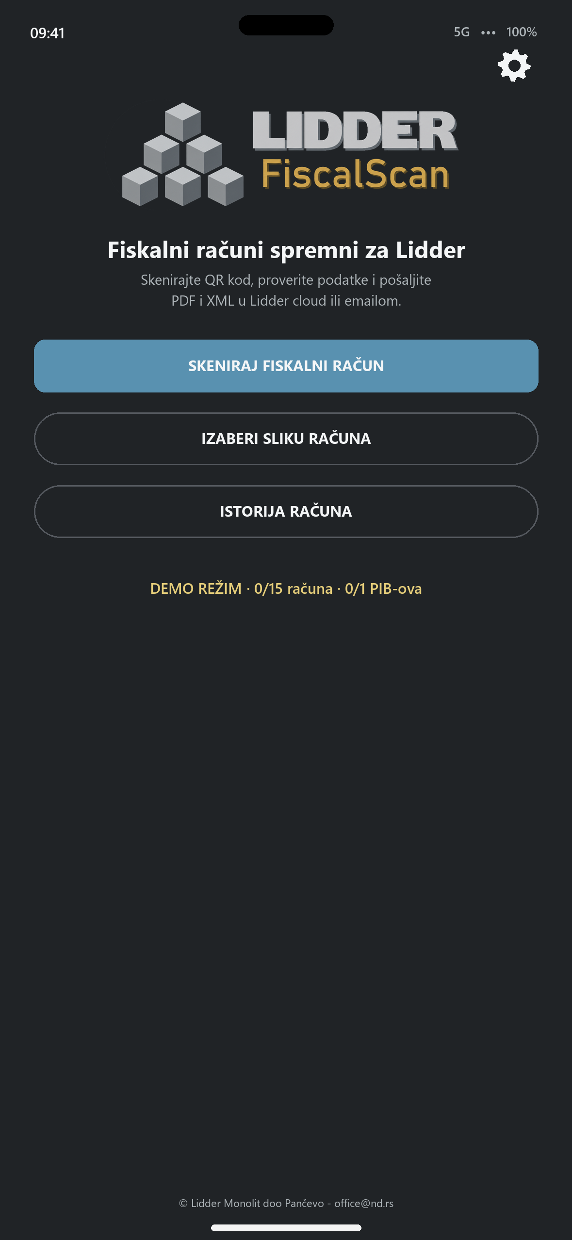 Početni ekran u aplikaciji LIDDER FiscalScan za iOS