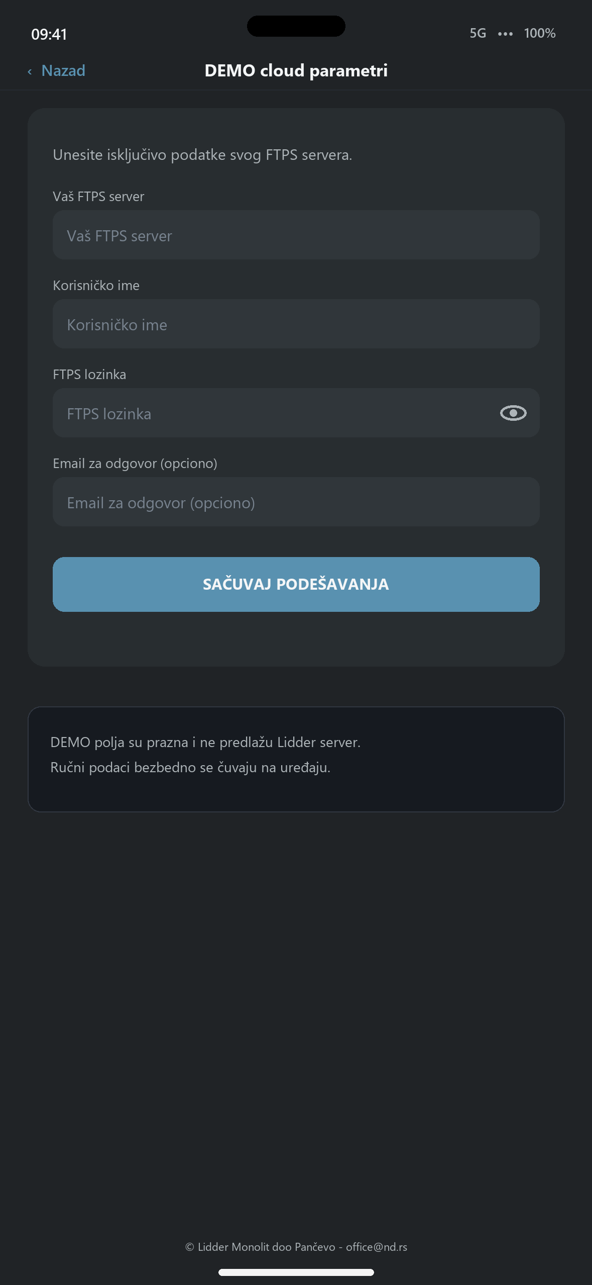 Cloud i email podešavanja u aplikaciji LIDDER FiscalScan za iOS