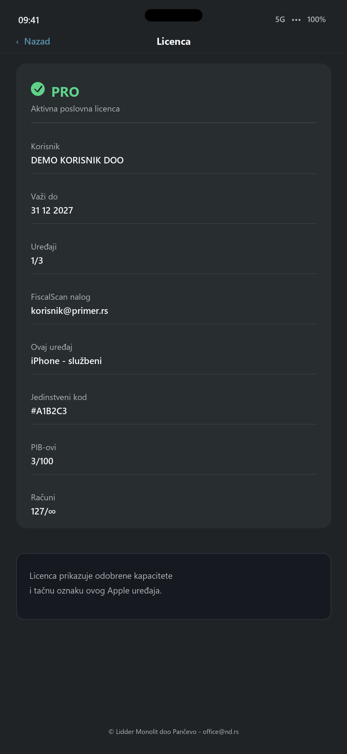 Licenca i raspoloživi kapaciteti u aplikaciji LIDDER FiscalScan za iOS